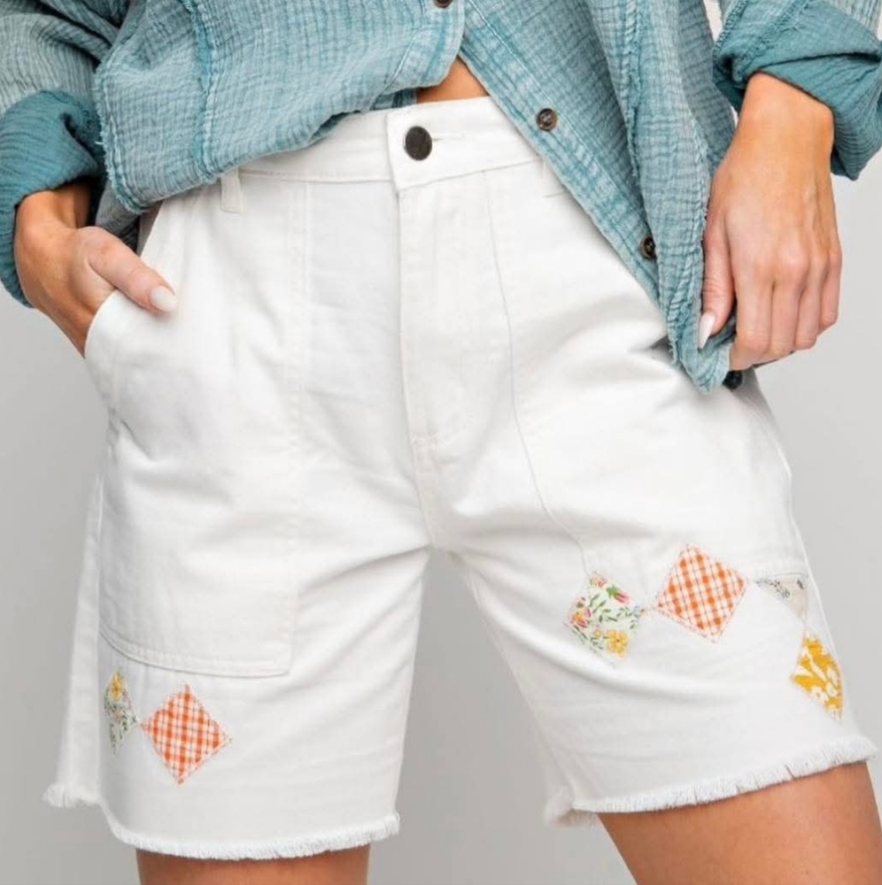 Easel Patchwork Denim Shorts with Floral Accents